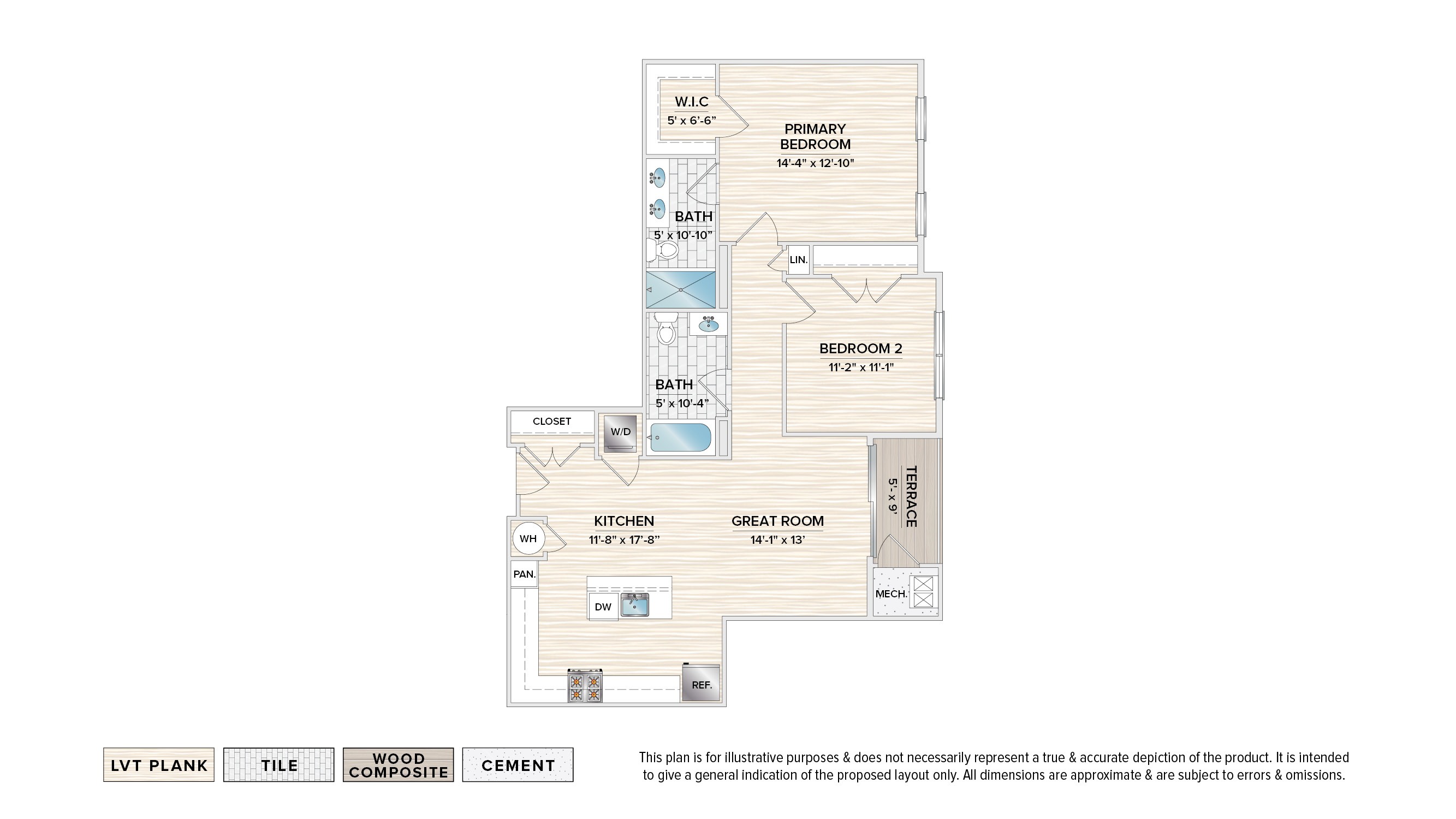 The Berkeley elevator building apartment floor plan with 2 bedrooms, 2 baths and a terrace,,,,,,,,,,,,,